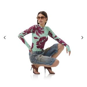 AFRM Mint and Burgundy Kaylee Floral Lace Long Sleeve Top- Tropical Aqua